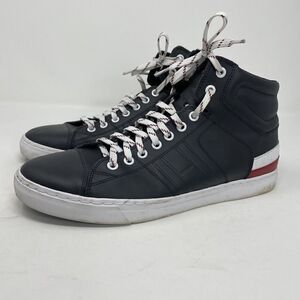 TOMMY HILFIGER Sneakers Mens 9 Navy Blue Leather High Top Lace Up Logo Fashion